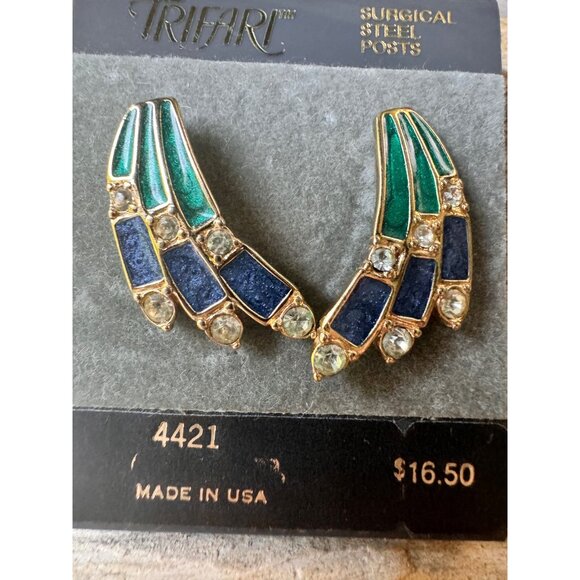 Vintage Trifari Earrings Surgical Steel Posts Blue & Green Enamel 4421 - Picture 5 of 5